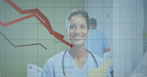 Smiling Doctor with Data Visualization Overlay in Hospital