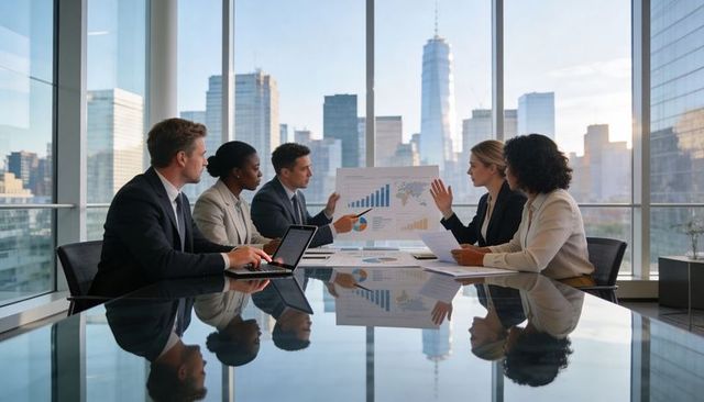 Business team discussing financial charts in modern high-rise boardroom with city skyline
