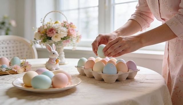 Hands arranging pastel easter eggs in carton on lace tablecloth with bunny figurine