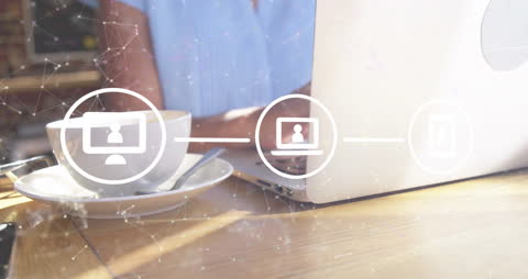 Abstract Technology with Icons Over Businesswoman Working on Laptop