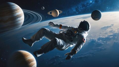 Astrophysicist astronaut floating among planets and stars in deep space