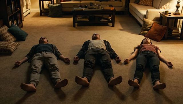 Three adults lying and resting on cozy living room carpet under warm lamp light