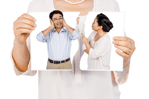 Couple cutting symbolizes divorce or breakup, picture is torn showing clear separation between them, transparent background makes them perfect for graphic use in articles, blogs on relationships, personal reflections, therapy, or mental health advice.