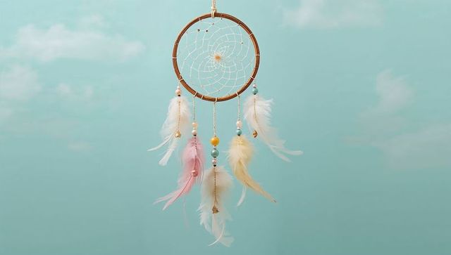 Ethereal dreamcatcher tapestry with feathers against turquoise sky