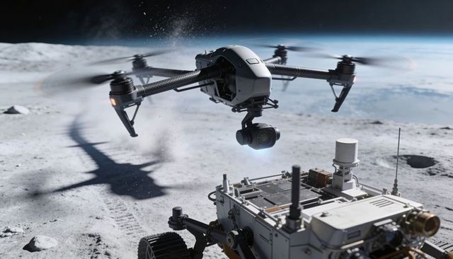 Autonomous Lunar Quadcopter Hovering Over Rover on Regolith with Stabilized Gimbal Camera