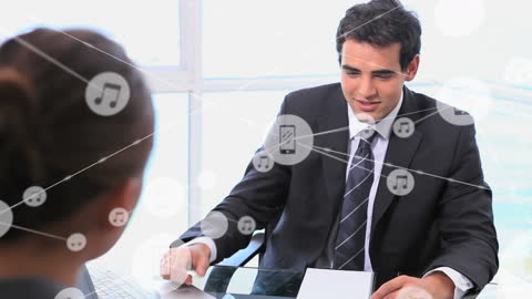 Animated Network of Digital Icons with Business Professionals