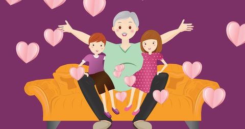Happy Grandmother Hugging Grandchildren with Heart Symbolism