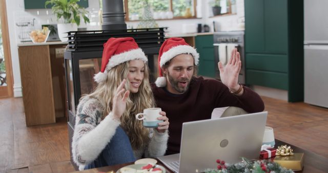 Couple Video Chatting During Christmas Celebration in Cozy Home - Download Free Stock Images Pikwizard.com