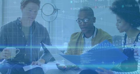 Team Collaboration with Digital Data Overlay in Modern Workspace