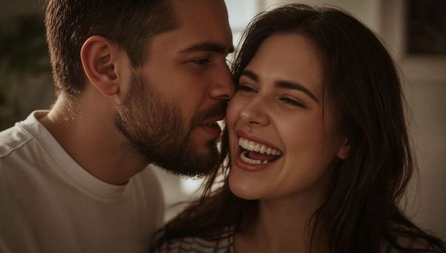 Whispering surprise: intimate couple laughing in cozy indoor moment with warm light