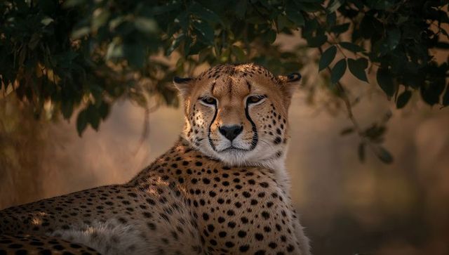 Cheetah camouflaged under tree canopy in natural habitat