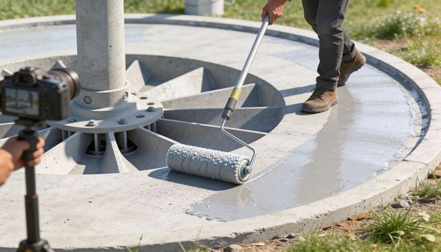 Worker smoothing circular concrete base with roller as camera films finishing process