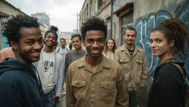 Smiling young adults posing in graffiti alley wearing streetwear, urban camaraderie
