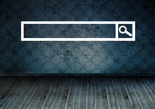 Abstract representation of searching online with a minimalistic search bar on a grungy wall and wooden floor background. Useful for digital marketing campaigns, technology articles, or presentations on internet search engines.