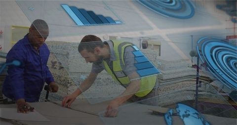 Industrial team measuring panels in fabrication workshop with augmented data overlay