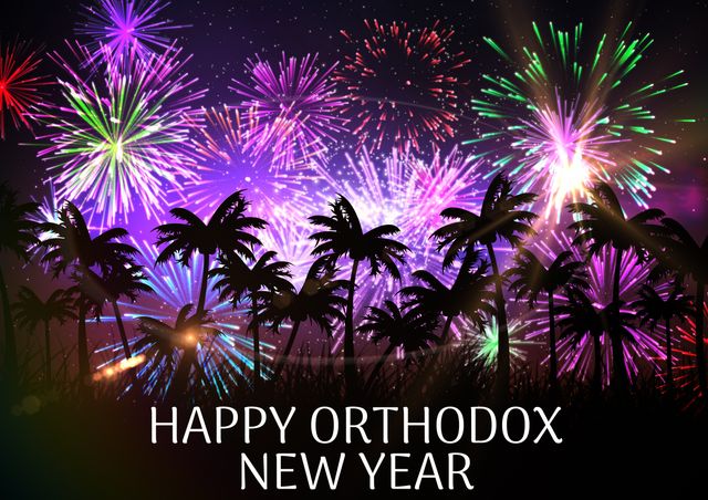 Colorful fireworks light up the night sky behind silhouetted palm trees, celebrating the Orthodox New Year. Ideal for holiday greetings, festive event promotions, and social media posts celebrating the Orthodox New Year.