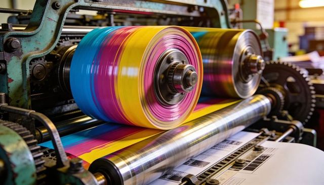 High-speed rotary press applying vibrant cmyk inks on sheet-fed paper for commercial print
