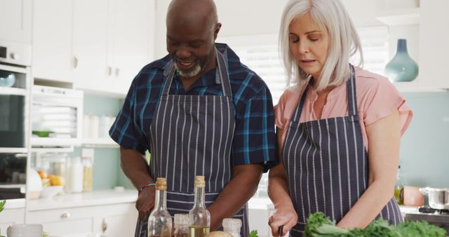 Happy senior diverse couple wearing aprons and cooking in kitchen. Spending quality time at home and retirement concept.