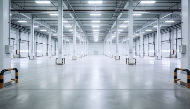 Empty industrial warehouse with polished concrete floor, loading docks, column grid