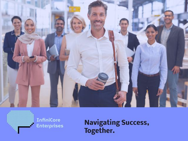 This photo depicts a confident businessman leading a diverse team of professionals, all standing with smiles and showing a sense of unity. The image promotes concepts of leadership, teamwork, and success in a corporate environment. Perfect for use in business presentations, seminars, corporate websites, and career development materials.
