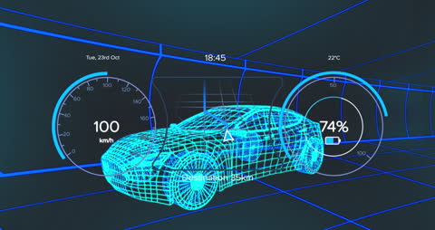 Futuristic Car Interface on Digital Wireframe Model