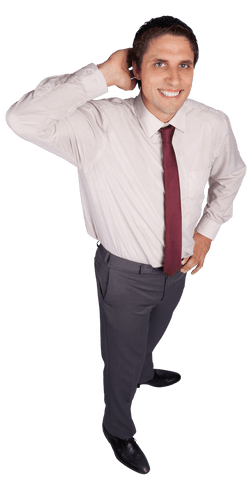Transparent Businessman Smiling with Hand on Neck Isolated