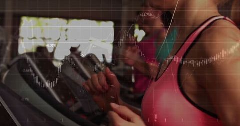 Woman exercising with treadmill and data superimposition