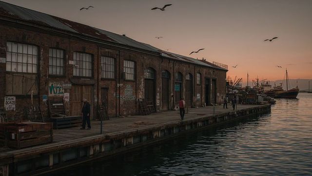 Dusk harbor scene with brick warehouse and wooden pier, workers loading crates, seagulls flying