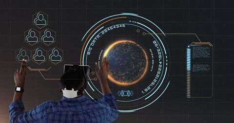 Person engaging with futuristic virtual reality interface