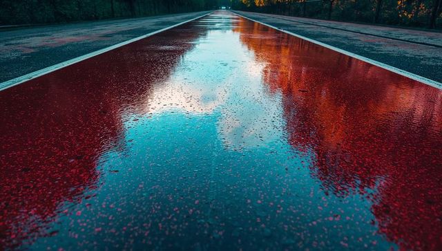 Wet red pavement reflects sky and autumn trees on forest path