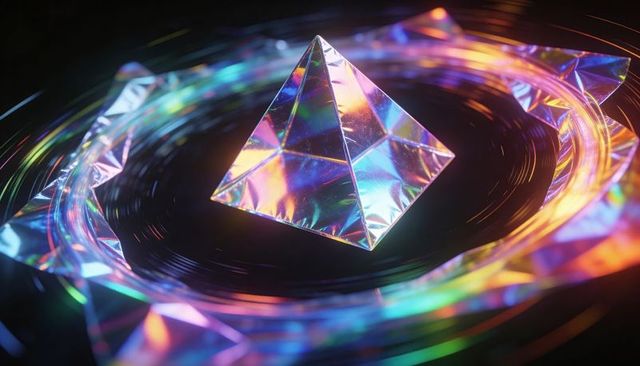 Glowing iridescent pyramid prism refracting rainbow light on dark reflective rings