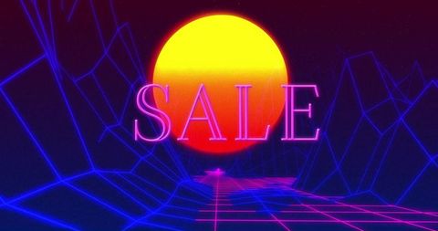 Neon Cyberpunk Sale Design with Glowing Grid and Vivid Sun