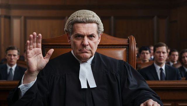 Senior judge raising hand wearing horsehair wig and black robe at courtroom bench