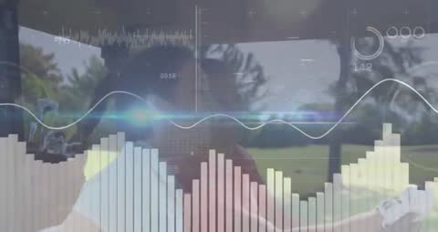 Golf Enthusiasts Riding Cart with Digital Data Overlays