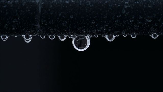 Single crystal water droplet hanging from dark textured rail with mirror reflection macro
