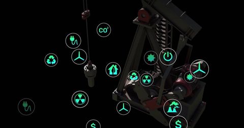 Eco-friendly icons overlay on oil rig with digital concepts