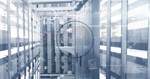 Futuristic Server Room with Holographic Data Overlay