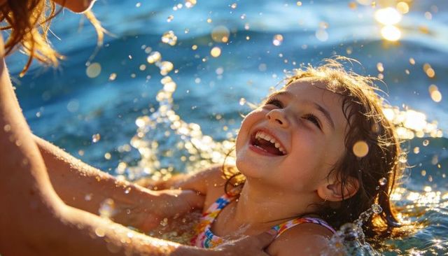 Joyful child laughing and splashing in sunlit water during golden hour with caregiver
