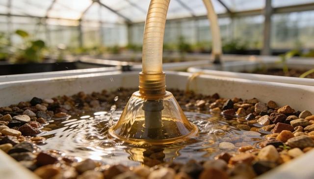 Amber bell diffuser pumping water and creating concentric ripples in greenhouse trays