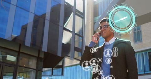 Businessman on Smartphone with Digital Interface Overlay