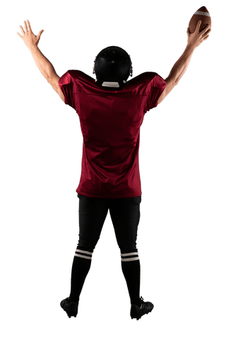 Back View of American Football Player Holding Ball on Transparent Background