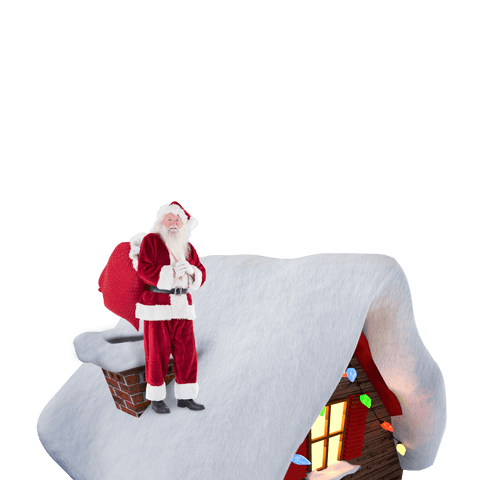 Santa Claus on Snow-Covered Roof with Gift Bag Transparent Background
