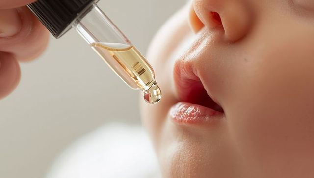 Caregiver Administering Oral Medicine to Baby with Dropper Close-up Warm Soft Light