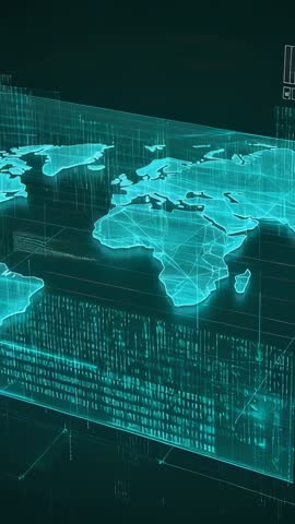 Materializing cyan holographic world map over code rain HUD for futuristic tech visuals