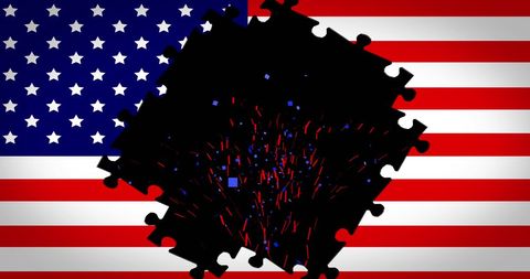 a vibrant color combination of fireworks bursting from a puzzle piece, set against the united states flag. this visual showcases a theme of celebration and symbolizes unity and creativity while reflecting american pride. perfect for use in national holiday promotional materials, patriotic events, educational themes related to history, or promotional content espousing themes of togetherness and national identity.