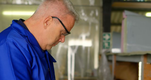 Senior Male Worker in Blue Overall Concentrating on Task at Factory - Download Free Stock Images Pikwizard.com