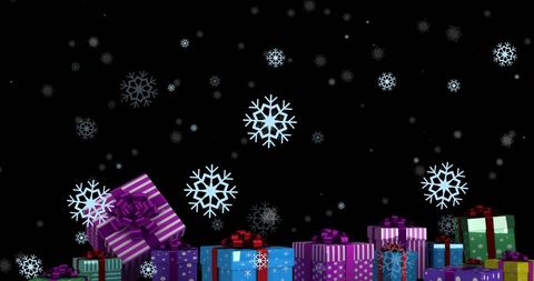 Festive Gift Boxes and Falling Snowflakes on Backdrop