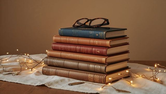 Stacked vintage leather books with tortoiseshell glasses and warm fairy lights on linen