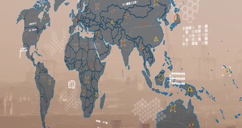 Animated World Map with Financial Data Over Digital Cityscape