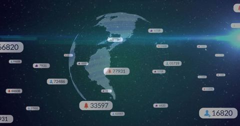 Rotating Digital Earth with Flare and Data Figures in Futuristic Space